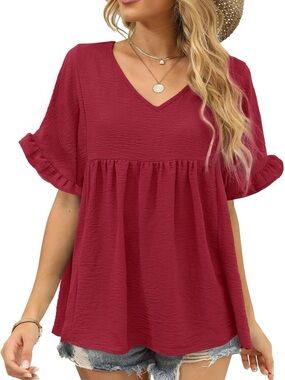 Women’s V-Neck Babydoll Tunic Top in Berry Red Size Medium NWT
